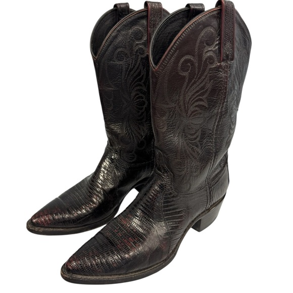🤠Dan Post Men’s Cowboy Boots Size 7M Black Cherry Lizard Exotic Western Vintage🤠 - Picture 1 of 7